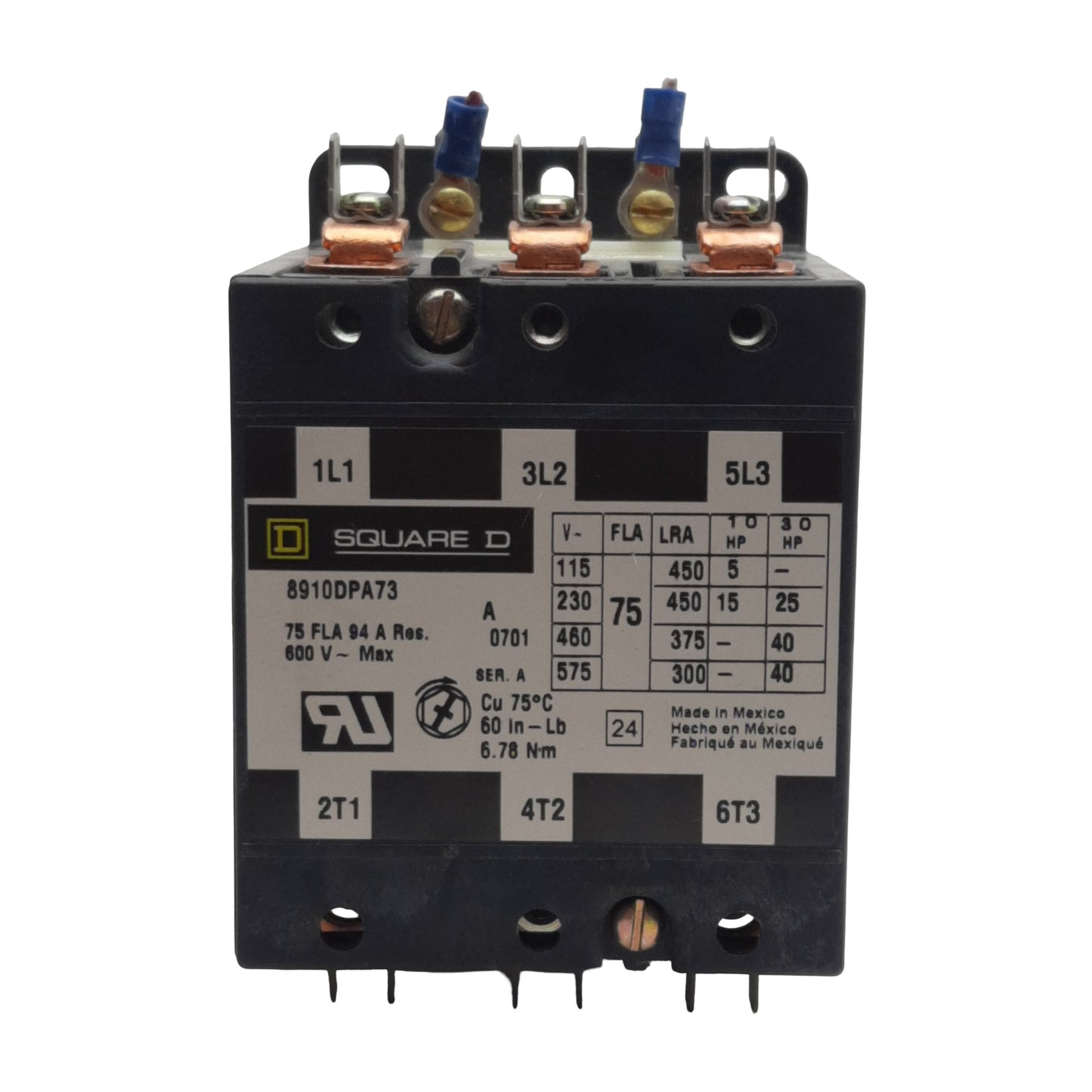 Used Square-D 8910DPA73 Contactor, 3-Pole 3N.O. 3-PH, 75A 600VAC, 110/120VAC Coil