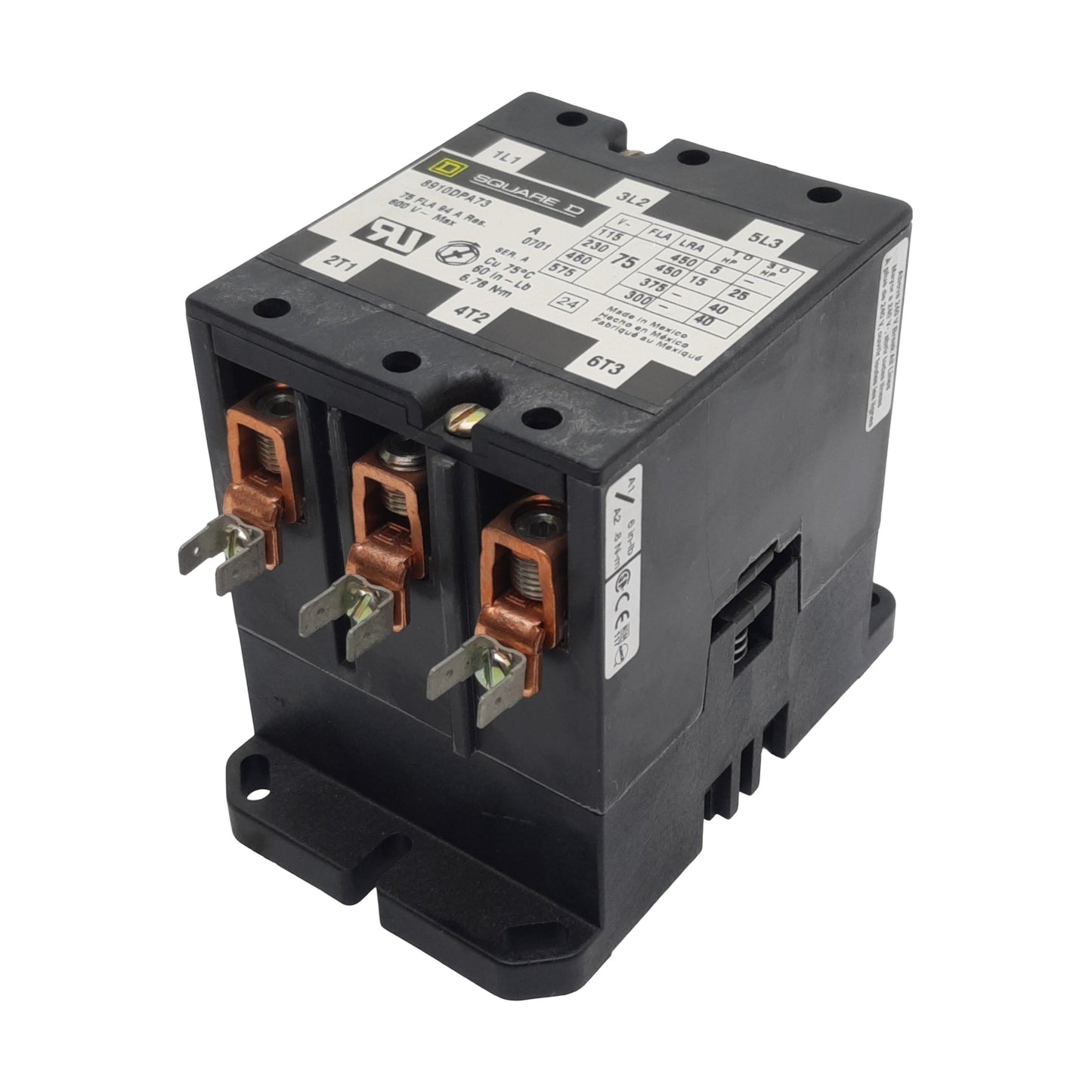 Used Square-D 8910DPA73 Contactor, 3-Pole 3N.O. 3-PH, 75A 600VAC, 110/120VAC Coil