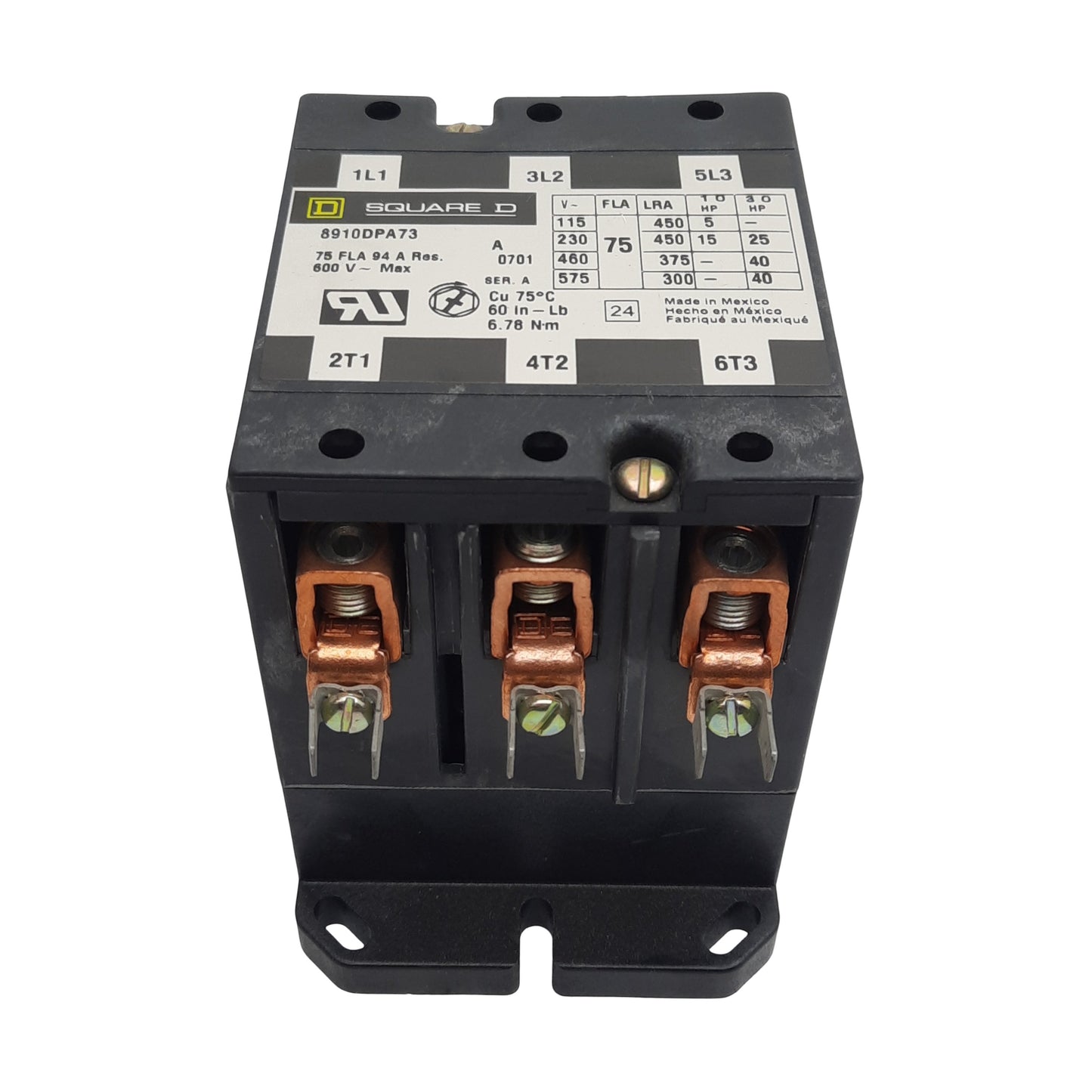 Used Square-D 8910DPA73 Contactor, 3-Pole 3N.O. 3-PH, 75A 600VAC, 110/120VAC Coil