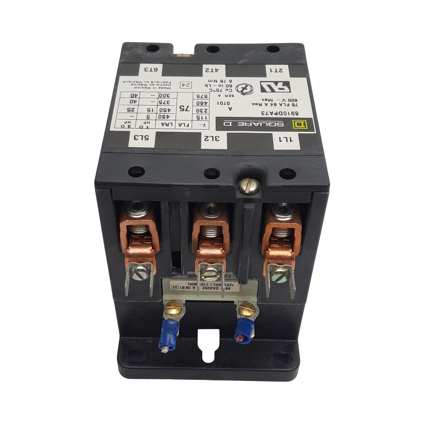 Used Square-D 8910DPA73 Contactor, 3-Pole 3N.O. 3-PH, 75A 600VAC, 110/120VAC Coil