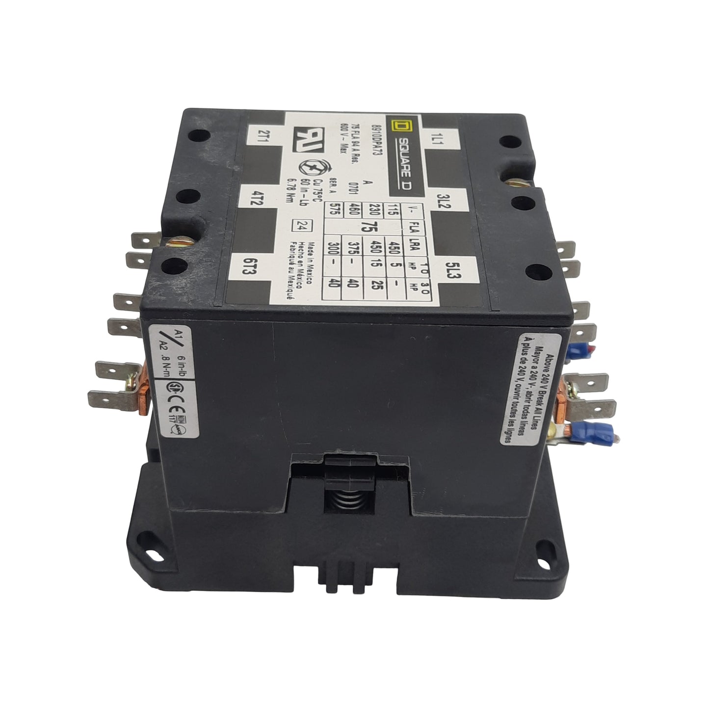 Used Square-D 8910DPA73 Contactor, 3-Pole 3N.O. 3-PH, 75A 600VAC, 110/120VAC Coil