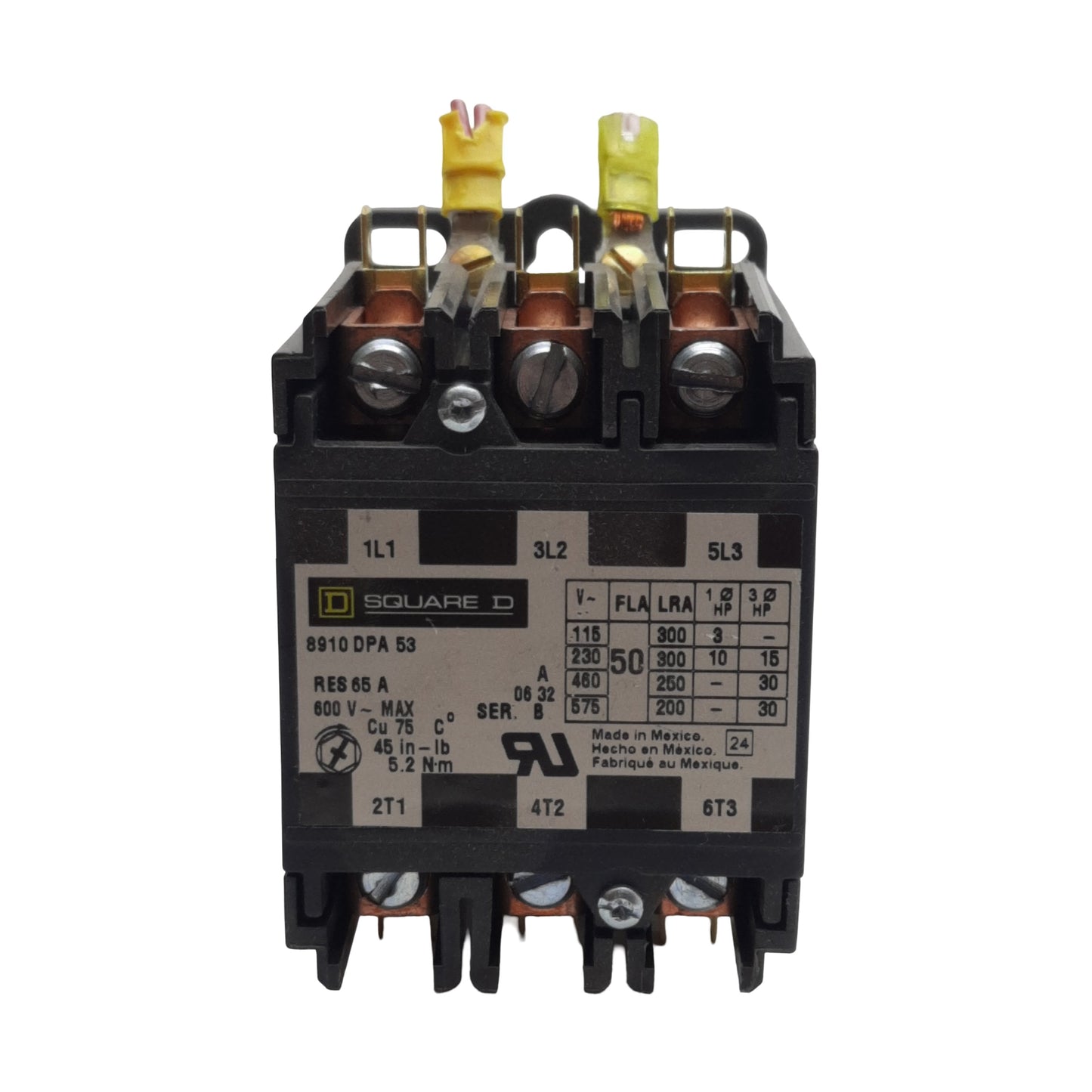 Used Square-D 8910DPA53V02 Contactor, 3-Pole 3N.O. 3PH, 50A 600VAC, 110/120VAC Coil