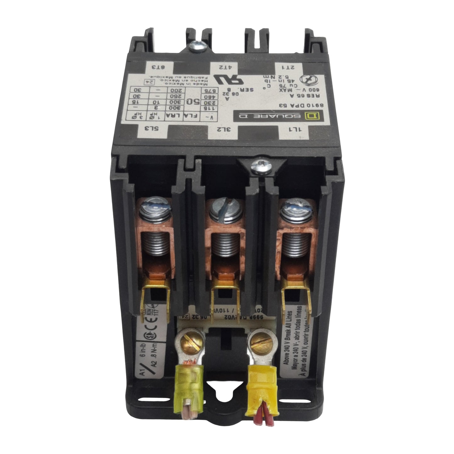 Used Square-D 8910DPA53V02 Contactor, 3-Pole 3N.O. 3PH, 50A 600VAC, 110/120VAC Coil