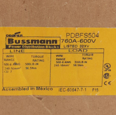 New Cooper Bussman PDBFS504 Power Distribution Block, 2x2 Line/Load, 600V 760A
