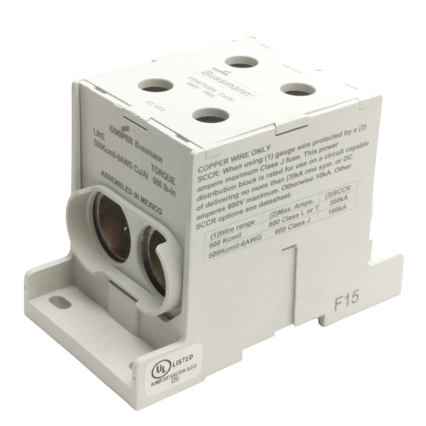 New Cooper Bussman PDBFS504 Power Distribution Block, 2x2 Line/Load, 600V 760A