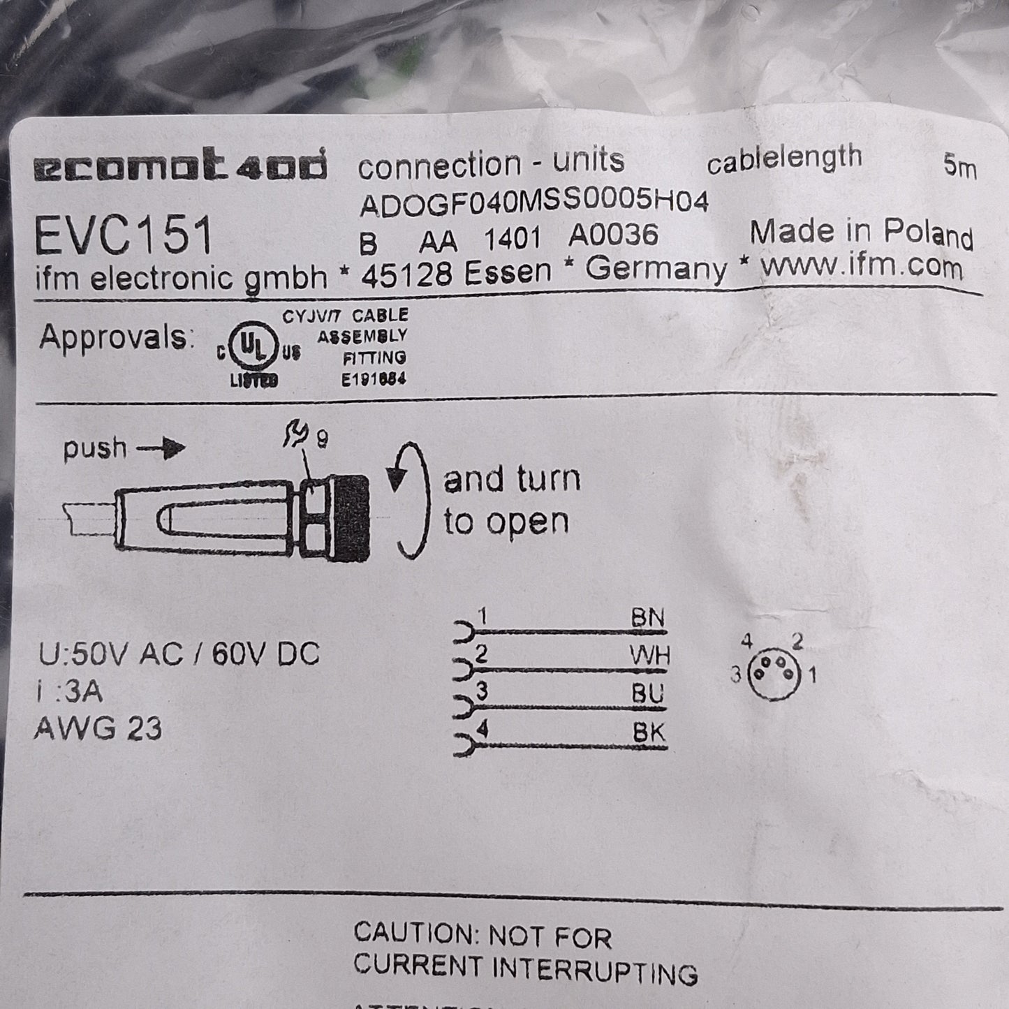 New Lot of 2 IFM EVC151 Single-Ended Cordset, 50VAC/60VDC 3A, M8 4-Pin Female, 5m