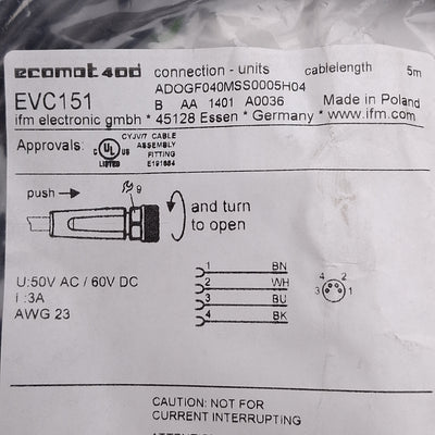 New Lot of 2 IFM EVC151 Single-Ended Cordset, 50VAC/60VDC 3A, M8 4-Pin Female, 5m