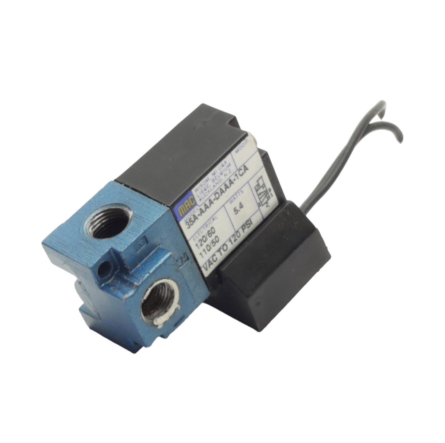 Used Mac Valves 35A-AAA-DAAA-1CA Solenoid Valve 3/2 NO-NC, Vac-120psi, 120VAC Coil