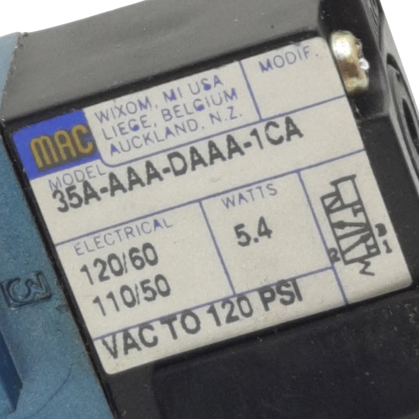 Used Mac Valves 35A-AAA-DAAA-1CA Solenoid Valve 3/2 NO-NC, Vac-120psi, 120VAC Coil