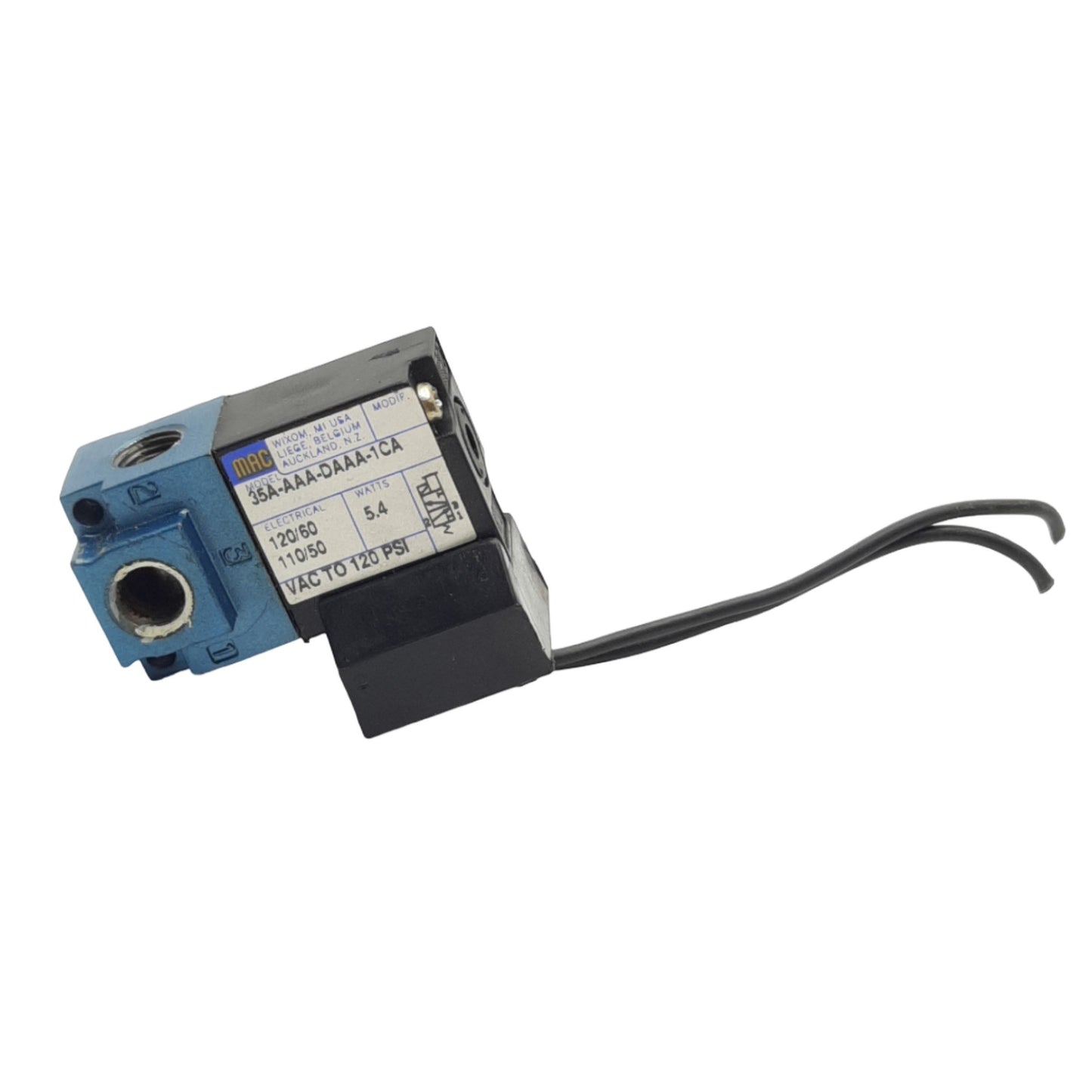 Used Mac Valves 35A-AAA-DAAA-1CA Solenoid Valve 3/2 NO-NC, Vac-120psi, 120VAC Coil