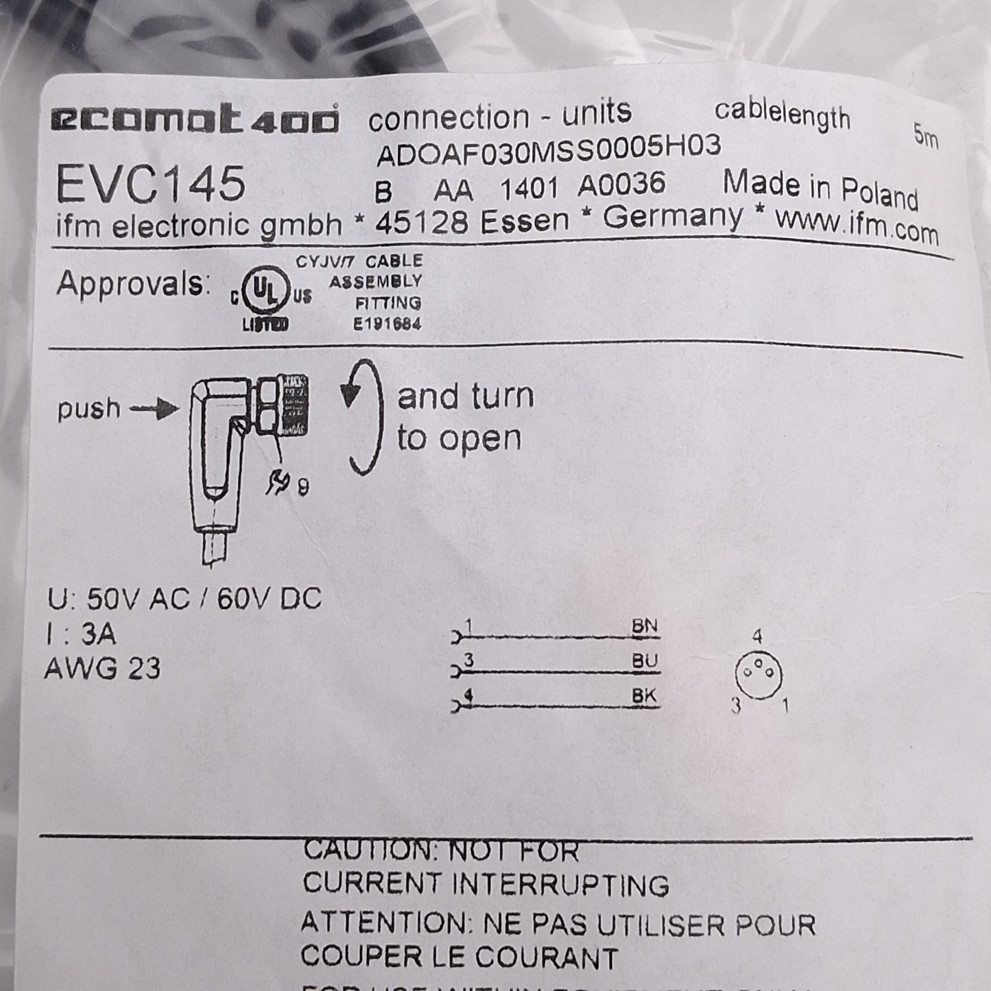 New Lot of 3 IFM EVC145 Single-Ended Cordset, 50VAC/60VDC 3A, M8 3-Pin Female, 5m