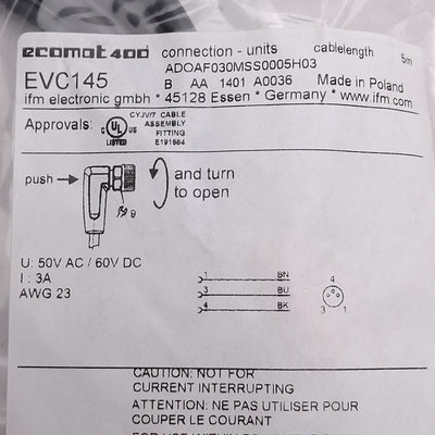 New Lot of 3 IFM EVC145 Single-Ended Cordset, 50VAC/60VDC 3A, M8 3-Pin Female, 5m