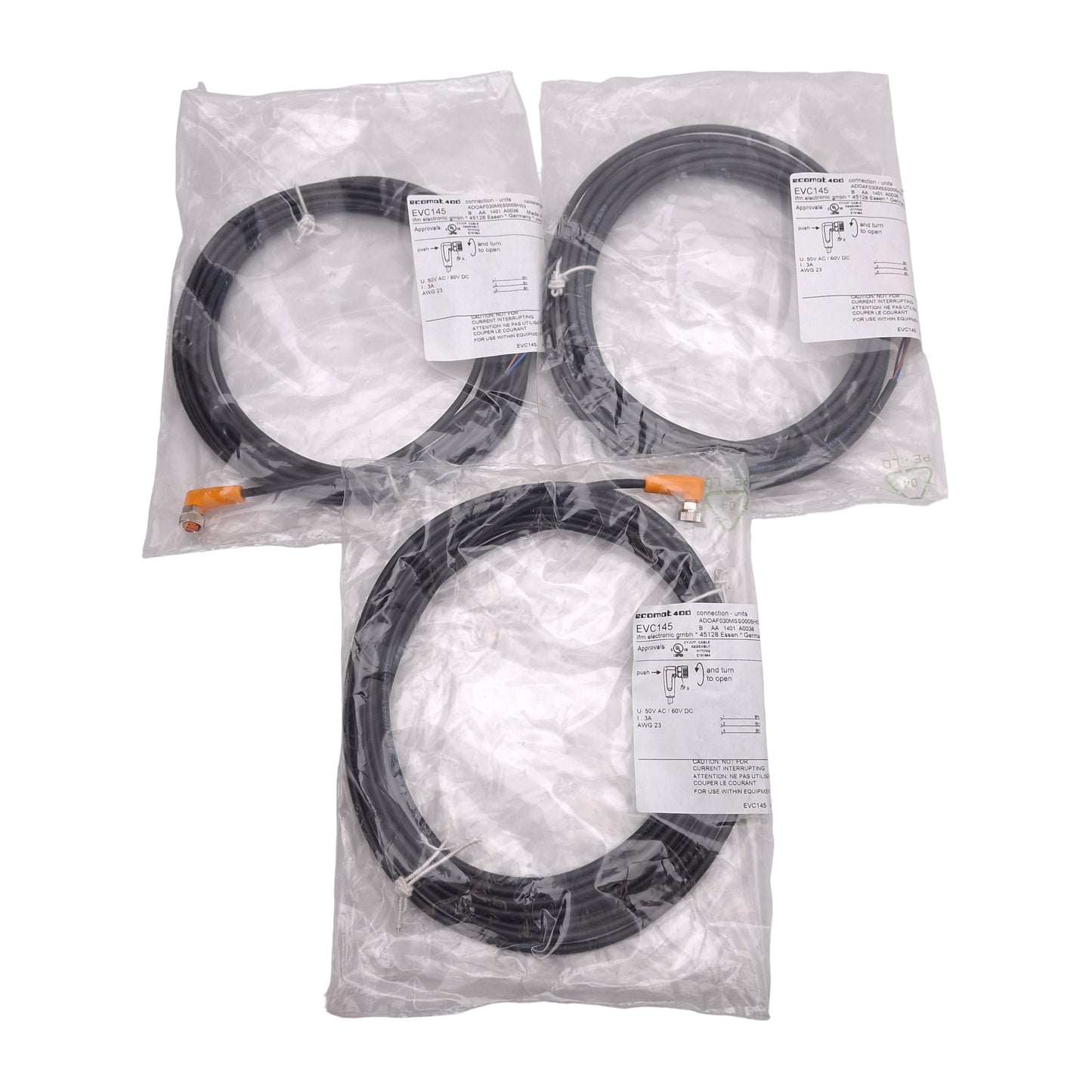 New Lot of 3 IFM EVC145 Single-Ended Cordset, 50VAC/60VDC 3A, M8 3-Pin Female, 5m