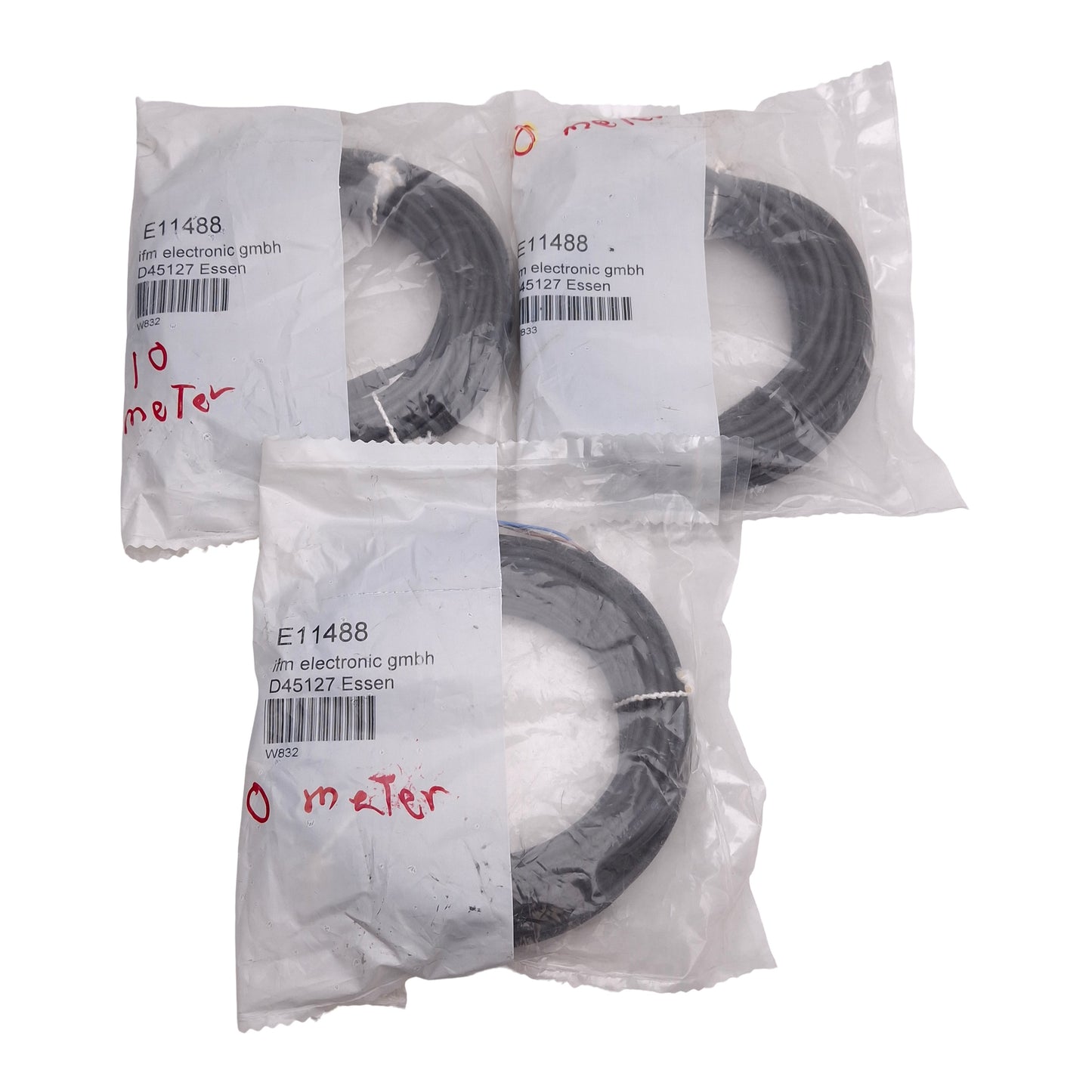 New Lot of 3 IFM E11488 Single-Ended Cordset, 60VAC/75VDC 3A, M8 3-Pin Female, 10m