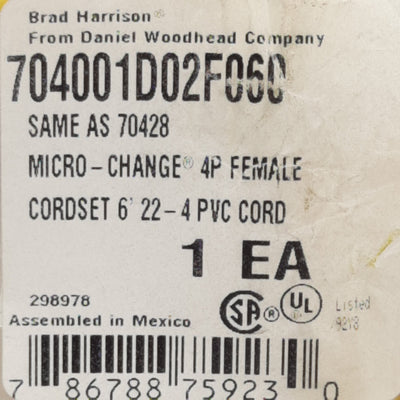 New Brad Harrison 704001D02F060 Cordset, 4-Pin Micro-Change 1/2-20UNF to Leads, 6ft