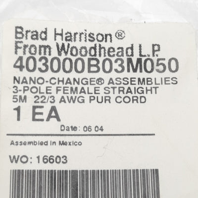 New Brad Harrison 403000B03M050 Cordset, 3-Pin M8 Female to Leads, 60VAC/75VDC, 5m