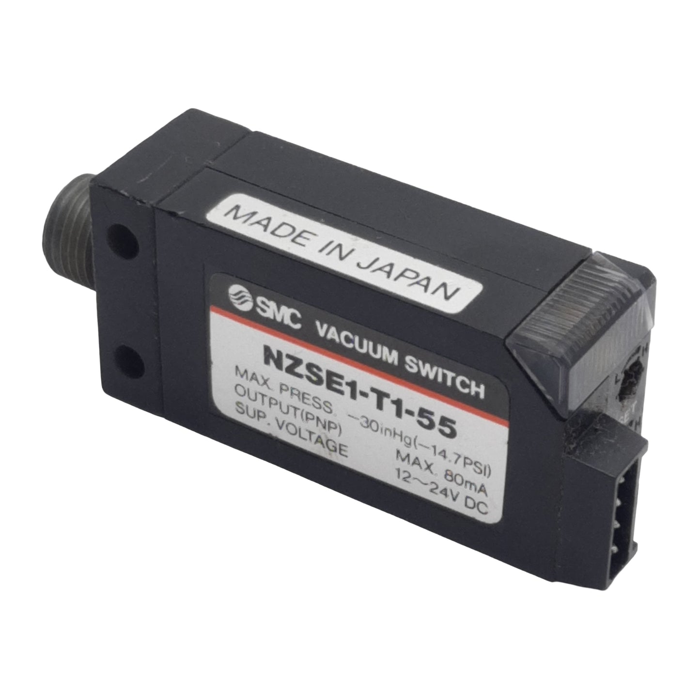 Used SMC NZSE1-T1-55 Vacuum Switch, PNP Out 80mA, 12-24VDC, -30inHg Max, 1/8in NPTF