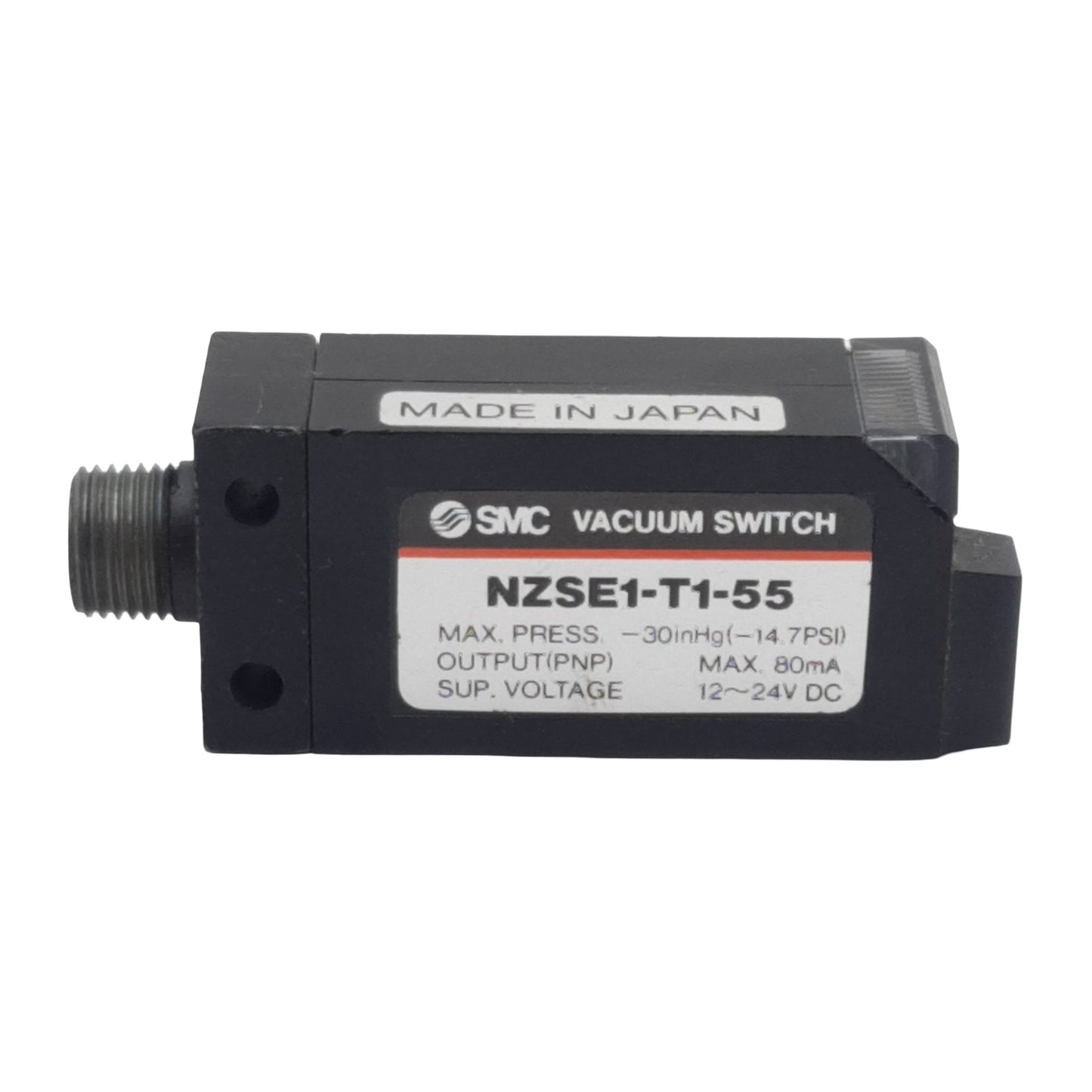 Used SMC NZSE1-T1-55 Vacuum Switch, PNP Out 80mA, 12-24VDC, -30inHg Max, 1/8in NPTF