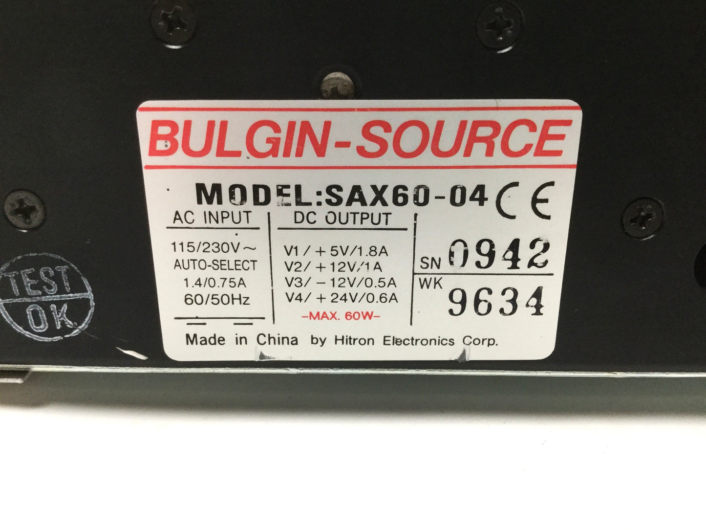 Used Hitron SAX60-04 Multi-Output Power Supply 115/230VAC IN, 5/±12/24VDC Out 60W