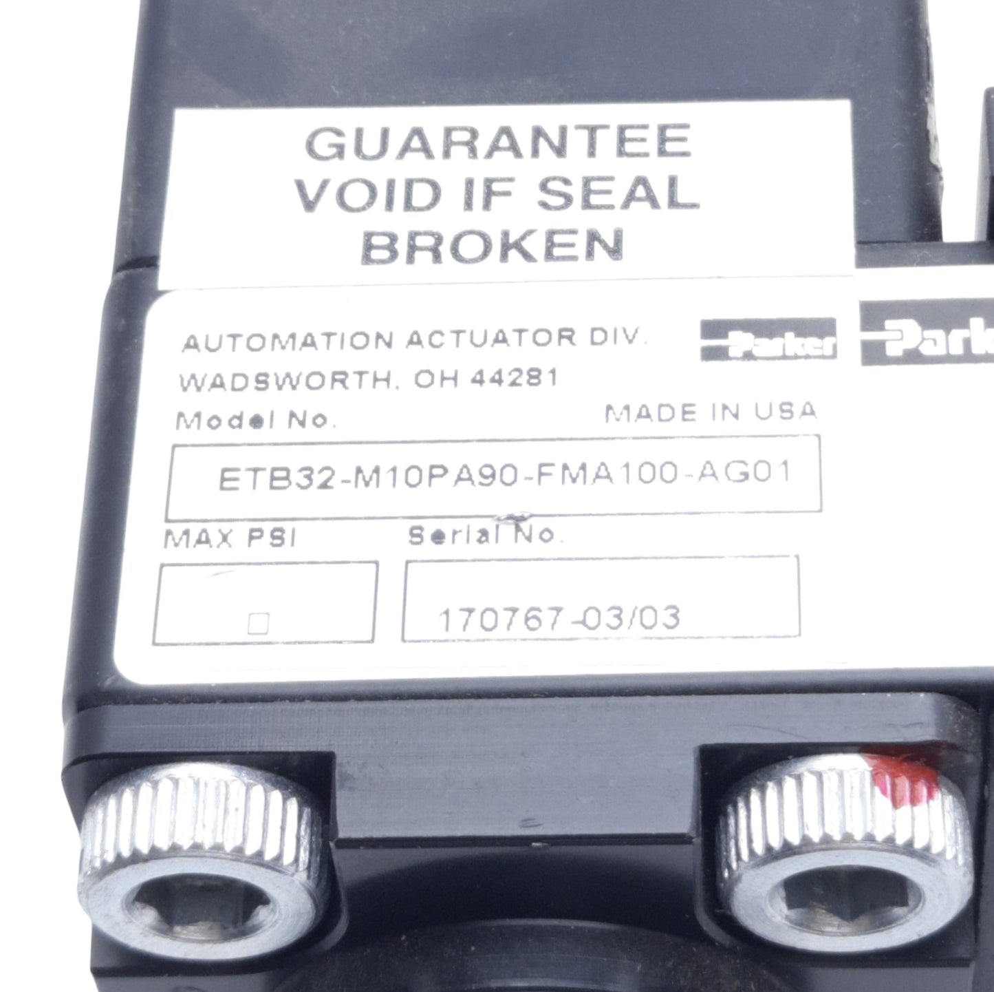 Used Parker ETB32-M10PA90-FMA100-AG01 Linear Actuator Cylinder, Travel: 100mm