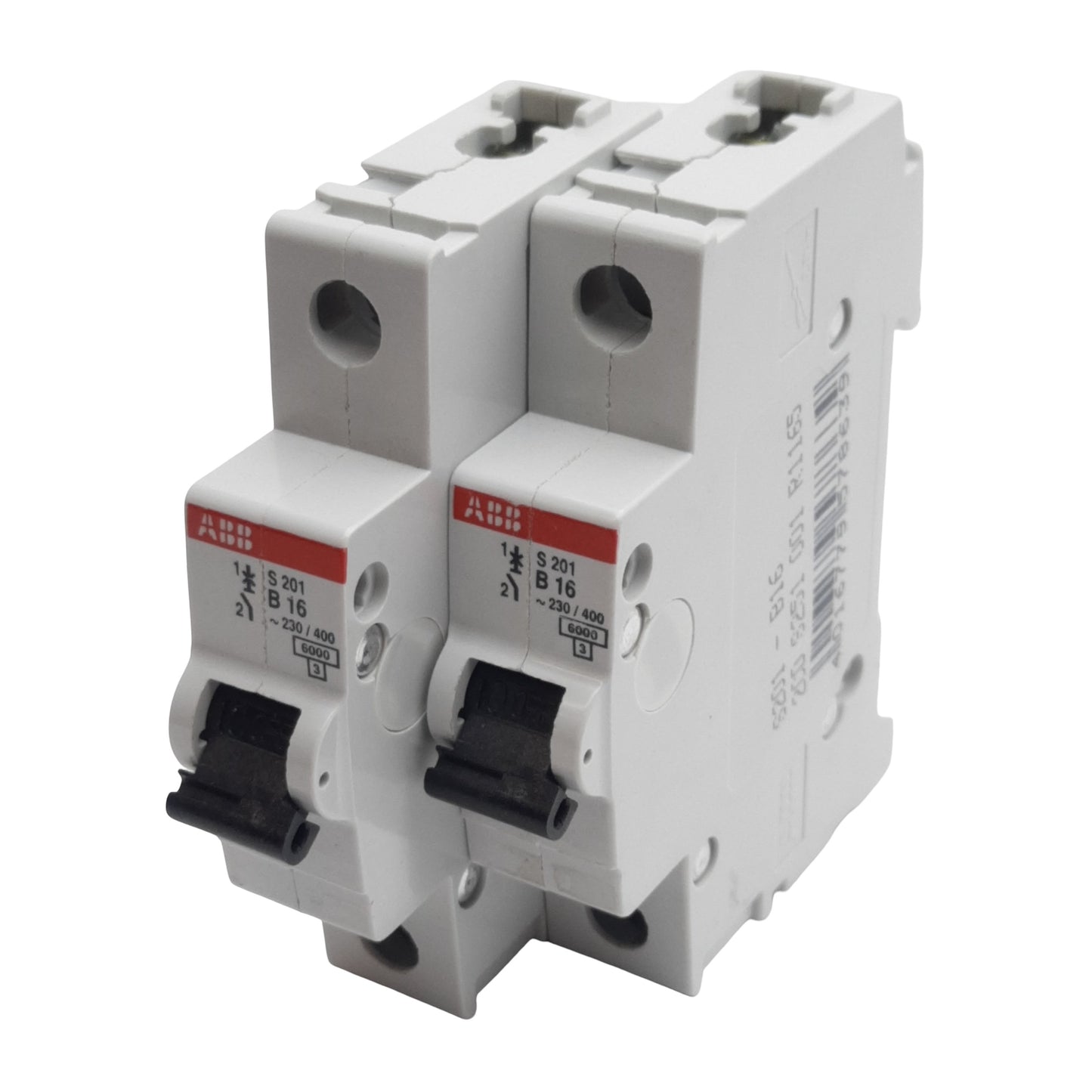 Used Lot of 2 ABB S201-B16 Circuit Breaker, 1-Pole, 16A 230/400VAC, B-Curve, DIN Rail
