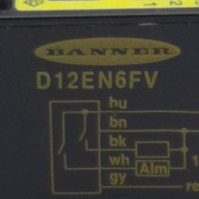 Used Banner D12EN6FV Fiber Optic Sensor, SPST NPN, 150mA, 10-30VDC, 5-Wire Lead, 0.3m