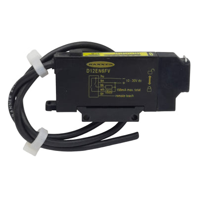 Used Banner D12EN6FV Fiber Optic Sensor, SPST NPN, 150mA, 10-30VDC, 5-Wire Lead, 0.3m