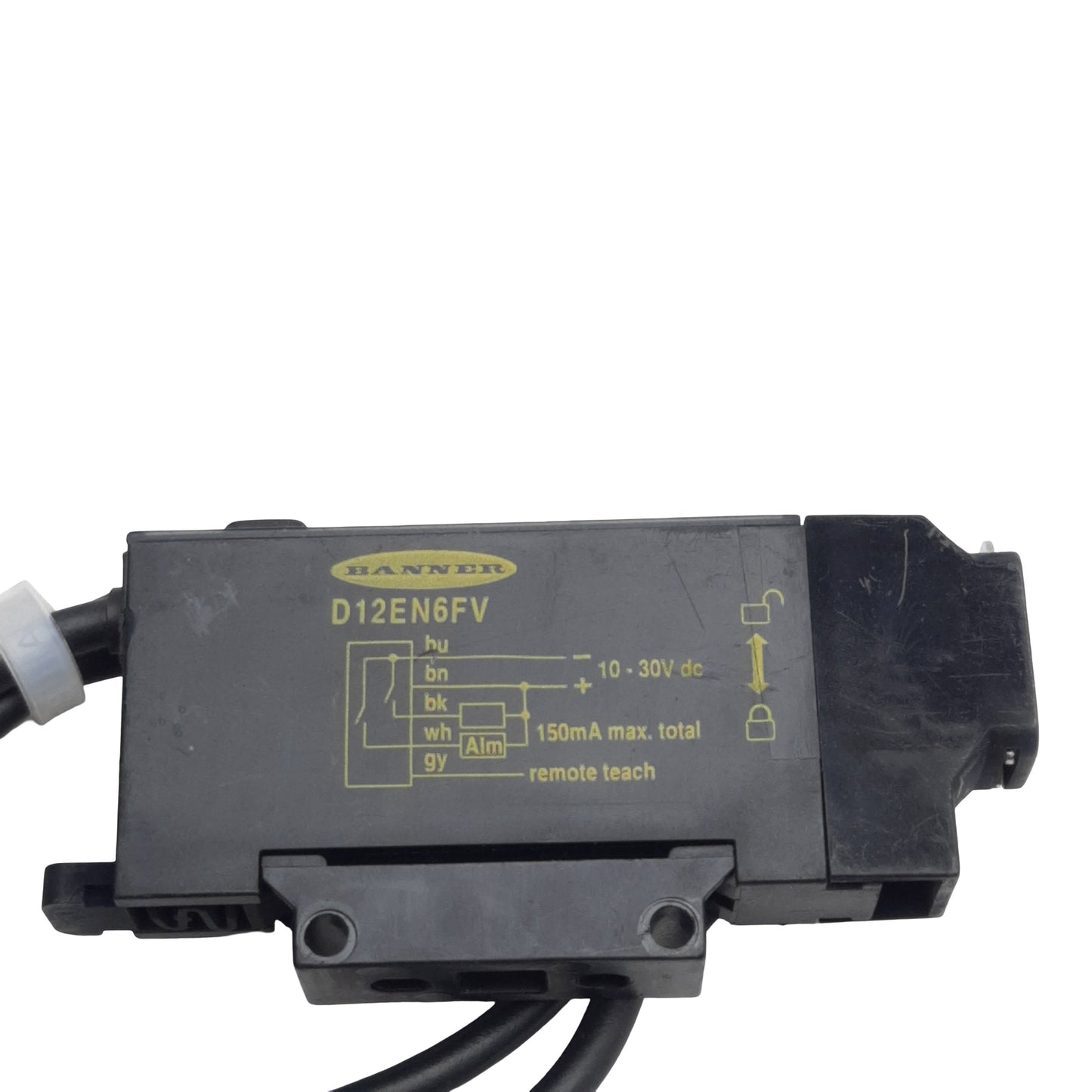 Used Banner D12EN6FV Fiber Optic Sensor, SPST NPN, 150mA, 10-30VDC, 5-Wire Lead, 0.3m
