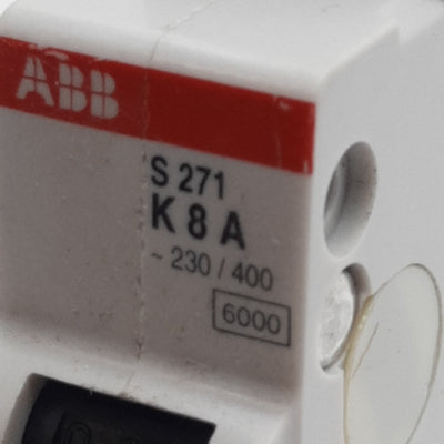 Used ABB S271-K8 Circuit Breaker, 1-Pole, 8A 230/400VAC, K-Curve, DIN Rail Mount