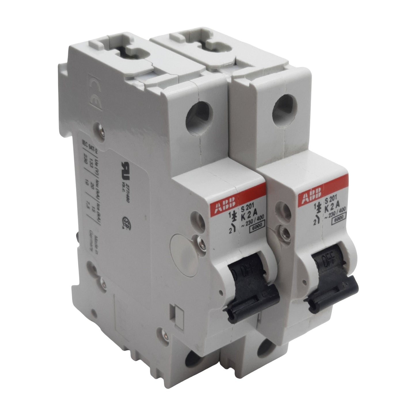 Used Lot of 2 ABB S201-K2 Circuit Breaker, 1-Pole, 2A 230/400VAC, K-Curve, DIN Rail