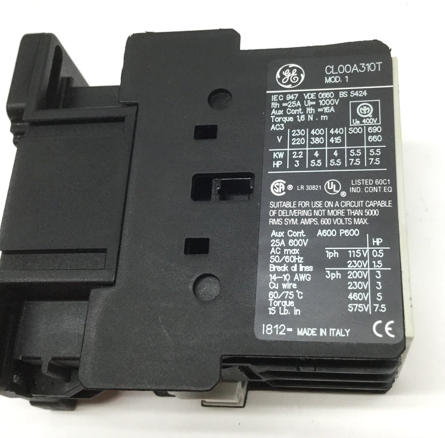 Used GE CL00A310T-LB1AS Contactor, 3-Pole + 1NO, 25A 600VAC, 208-240VAC Coil