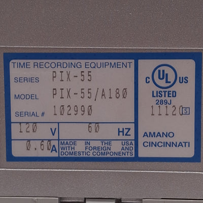 Used Amano PIX-55/A180 Punch Card Employee Atomic Time Clock, Wall Mount, 120VAC