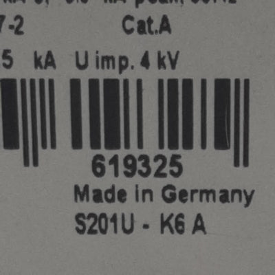 Used ABB S201U-K6A Circuit Breaker, 1-Pole, 6A 240VAC, K-Curve, DIN Rail Mount