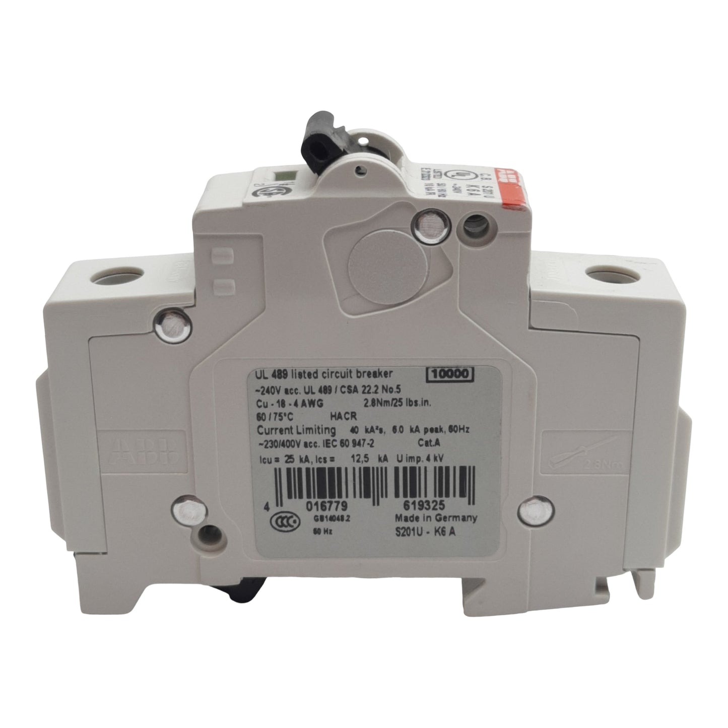 Used ABB S201U-K6A Circuit Breaker, 1-Pole, 6A 240VAC, K-Curve, DIN Rail Mount