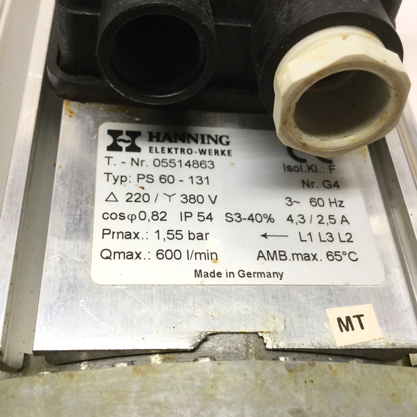 Used Hanning PS60-131 Centrifugal Pump 220/380VAC 3PH from CyberClean 6001 Washer