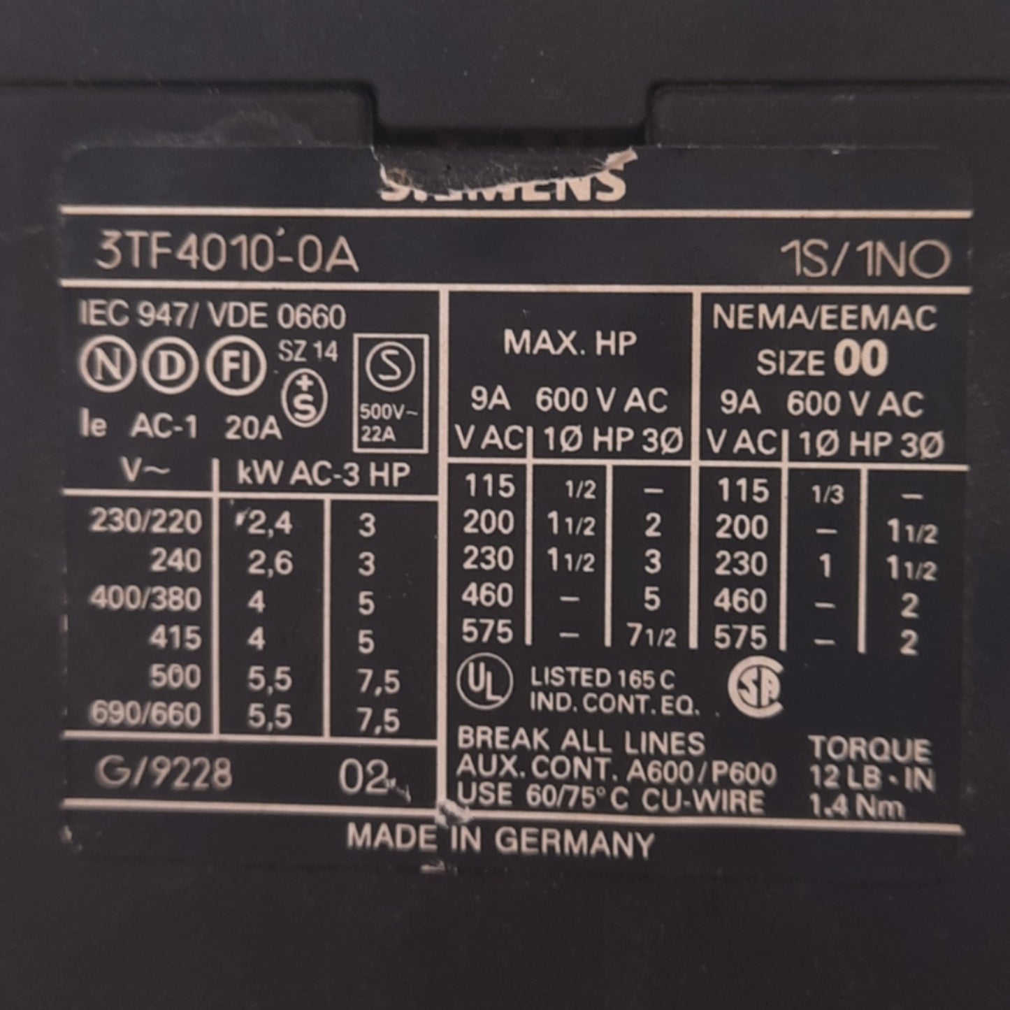 Used Siemens 3TF4010-0A IEC Contactor, 3-Pole + 1NO, 3-Phase 7.5hp Max, 220VAC Coil