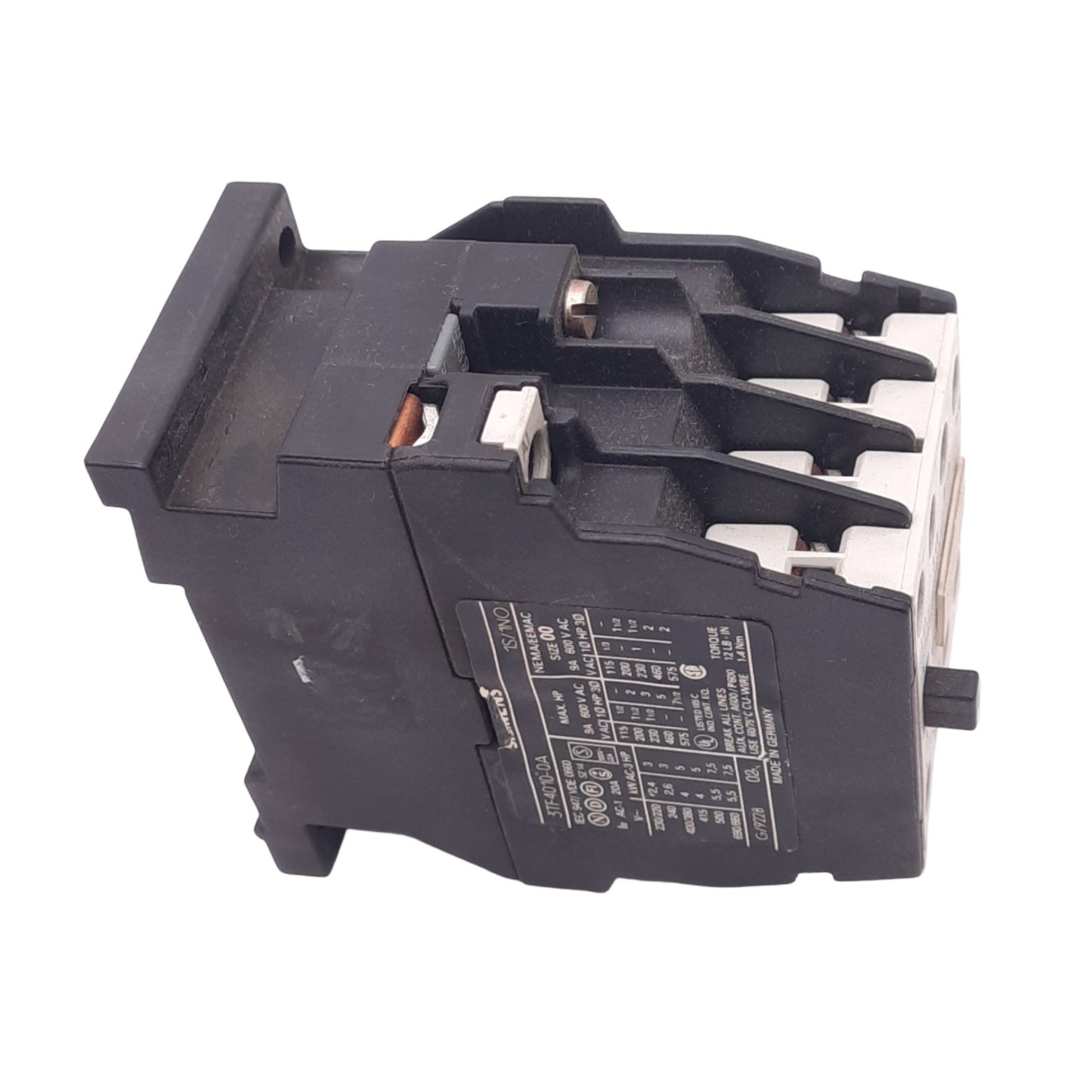 Used Siemens 3TF4010-0A IEC Contactor, 3-Pole + 1NO, 3-Phase 7.5hp Max, 220VAC Coil
