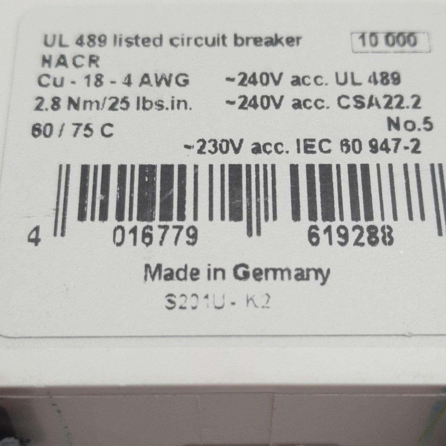Used Lot of 2 ABB S201U-K2 Circuit Breaker, 1-Pole, 2A 240VAC, K-Curve, DIN Rail