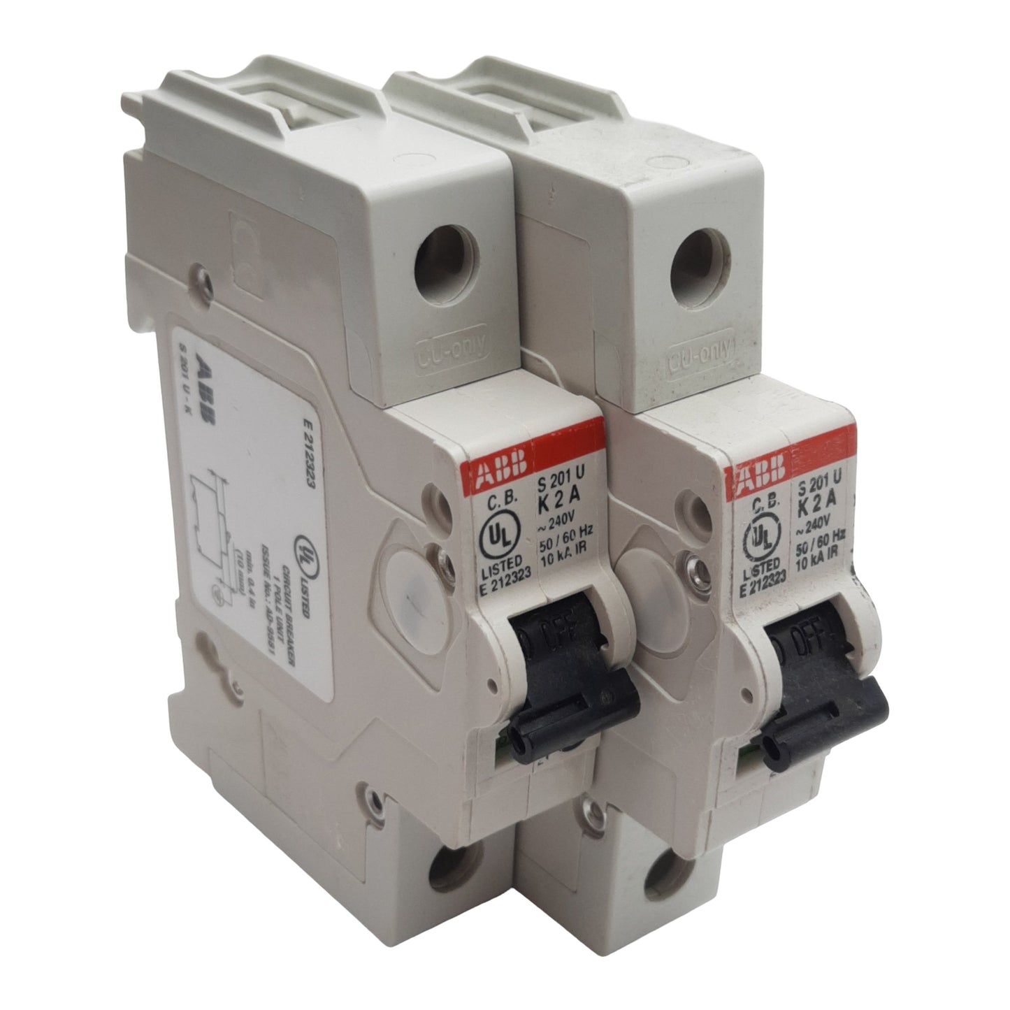 Used Lot of 2 ABB S201U-K2 Circuit Breaker, 1-Pole, 2A 240VAC, K-Curve, DIN Rail