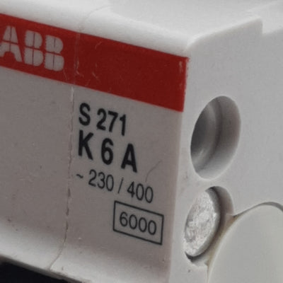Used ABB S271-K6 Circuit Breaker, 1-Pole, 6A 230/400VAC, K-Curve, DIN Rail Mount
