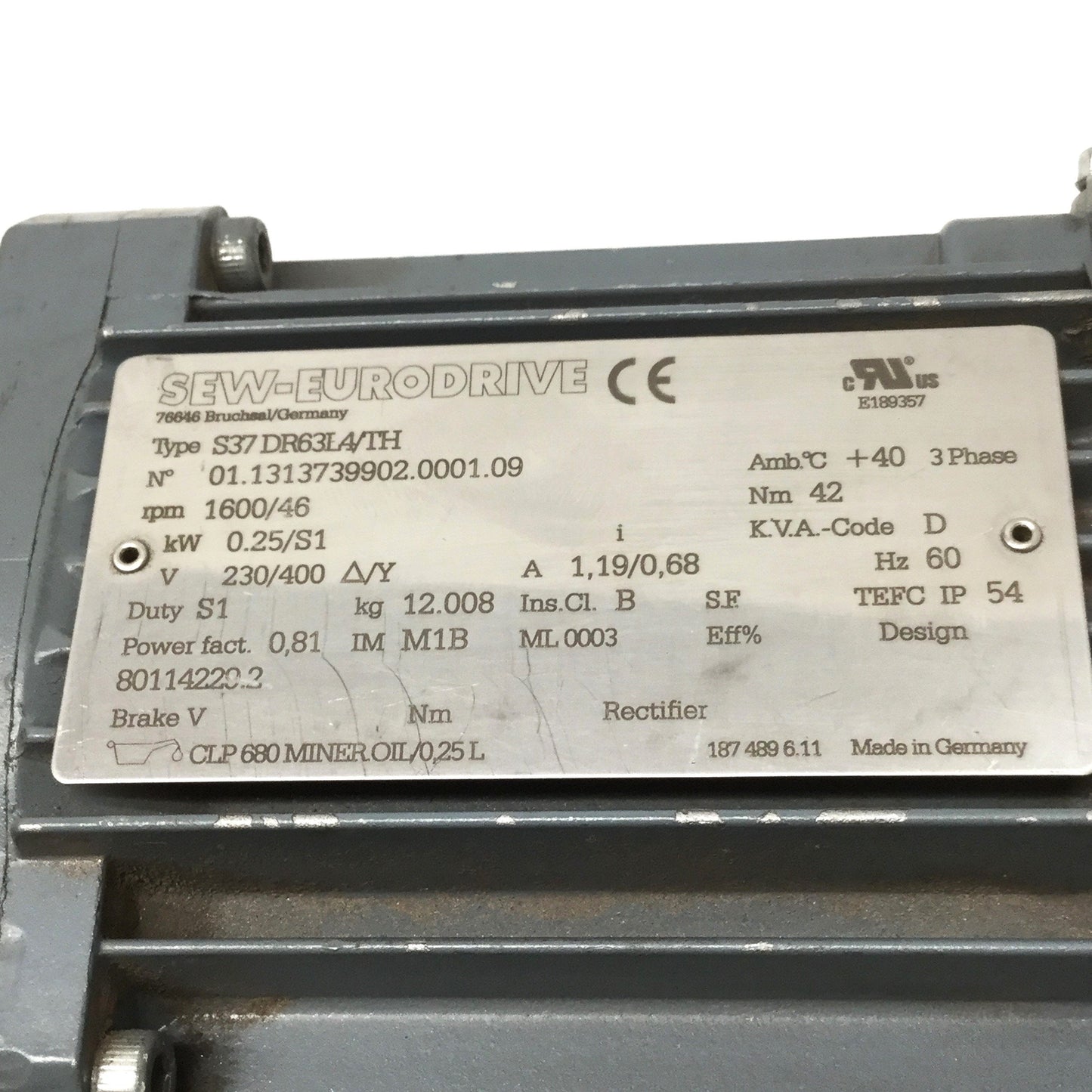 Used Sew Eurodrive S37 DR63L4/TH Helical-Worm Gearmotor 230/400VAC 3PH, 1/4kW, 46RPM