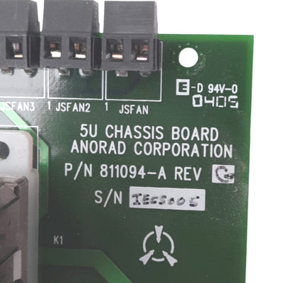 Used Anorad 811094-A Rev G 5U Chassis Board, 4 Relay Sockets, 5VDC Backplane