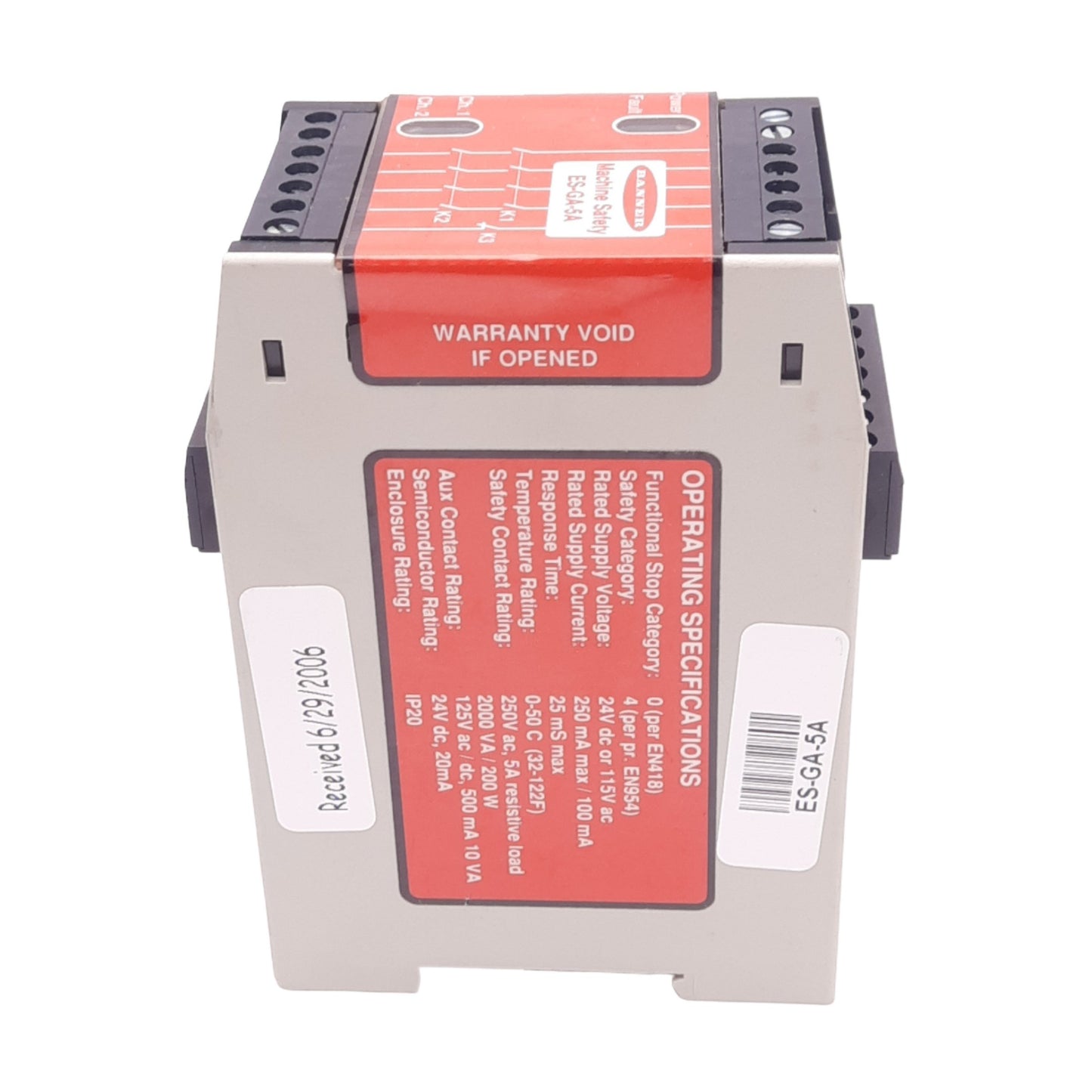 Used Banner ES-GA-5A Safety Control Relay, 4NO 6A, Aux 1NC 5A, 24VDC/115VAC