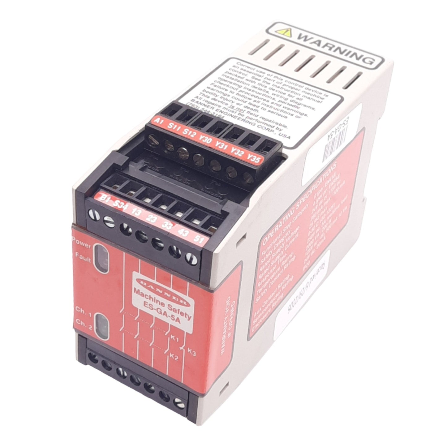 Used Banner ES-GA-5A Safety Control Relay, 4NO 6A, Aux 1NC 5A, 24VDC/115VAC