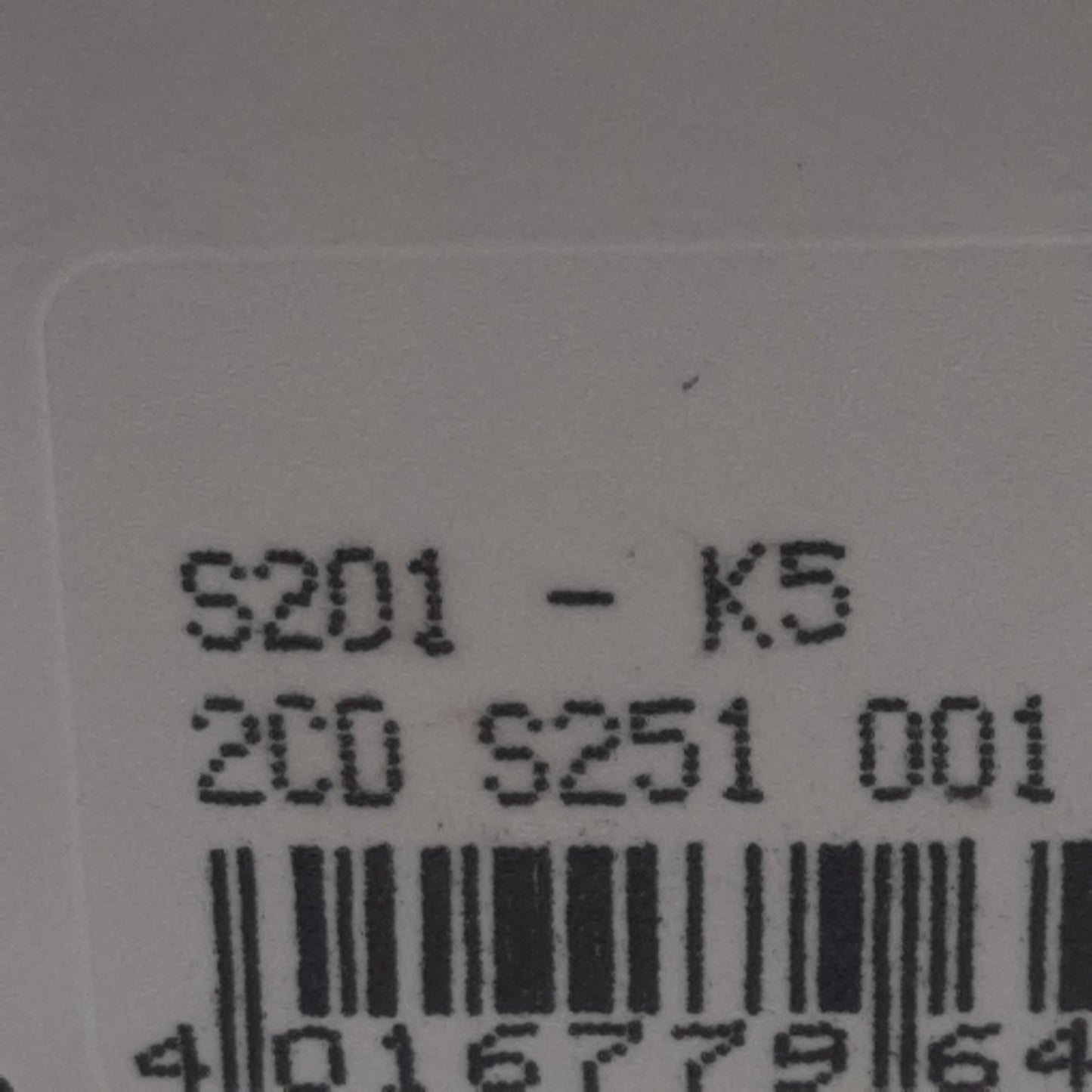 Used ABB S201-K5 Circuit Breaker, 1-Pole, 5A 230/400VAC, K-Curve, DIN Rail Mount