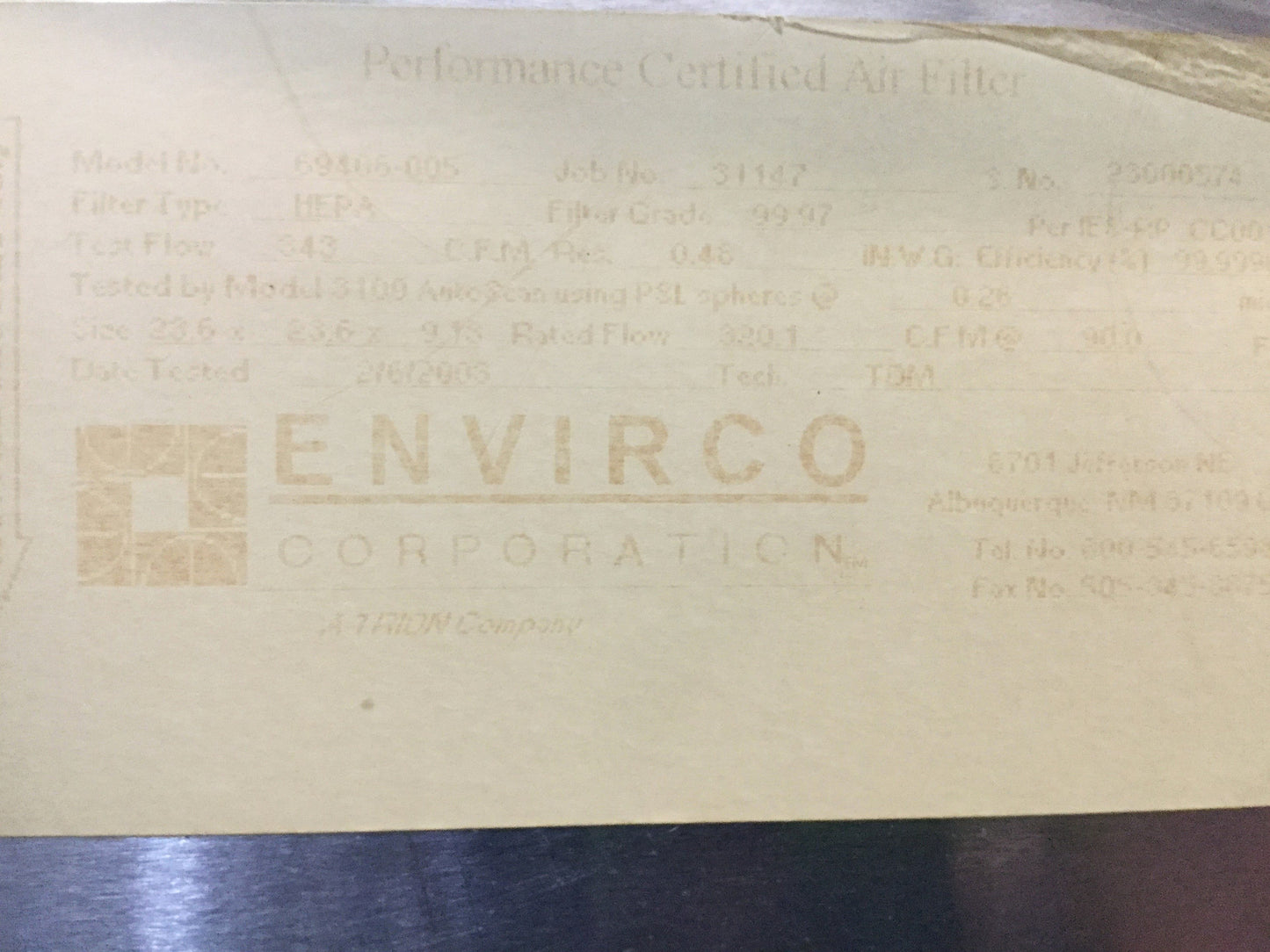 Used Envirco MAC 10 HEPA Filter Fan Unit Clean Room Air Hood 2' x 2', 115VAC, 410CFM