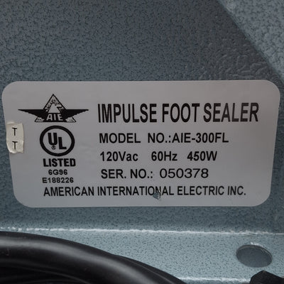 Used AIE AIE-300FL Heavy Duty Impulse Foot Sealer, 12in Long x 2mm Wide Seal, 120VAC