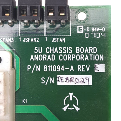 Used Anorad 811094-A Rev E 5U Chassis Board, 4 Relay Sockets, 5VDC Backplane