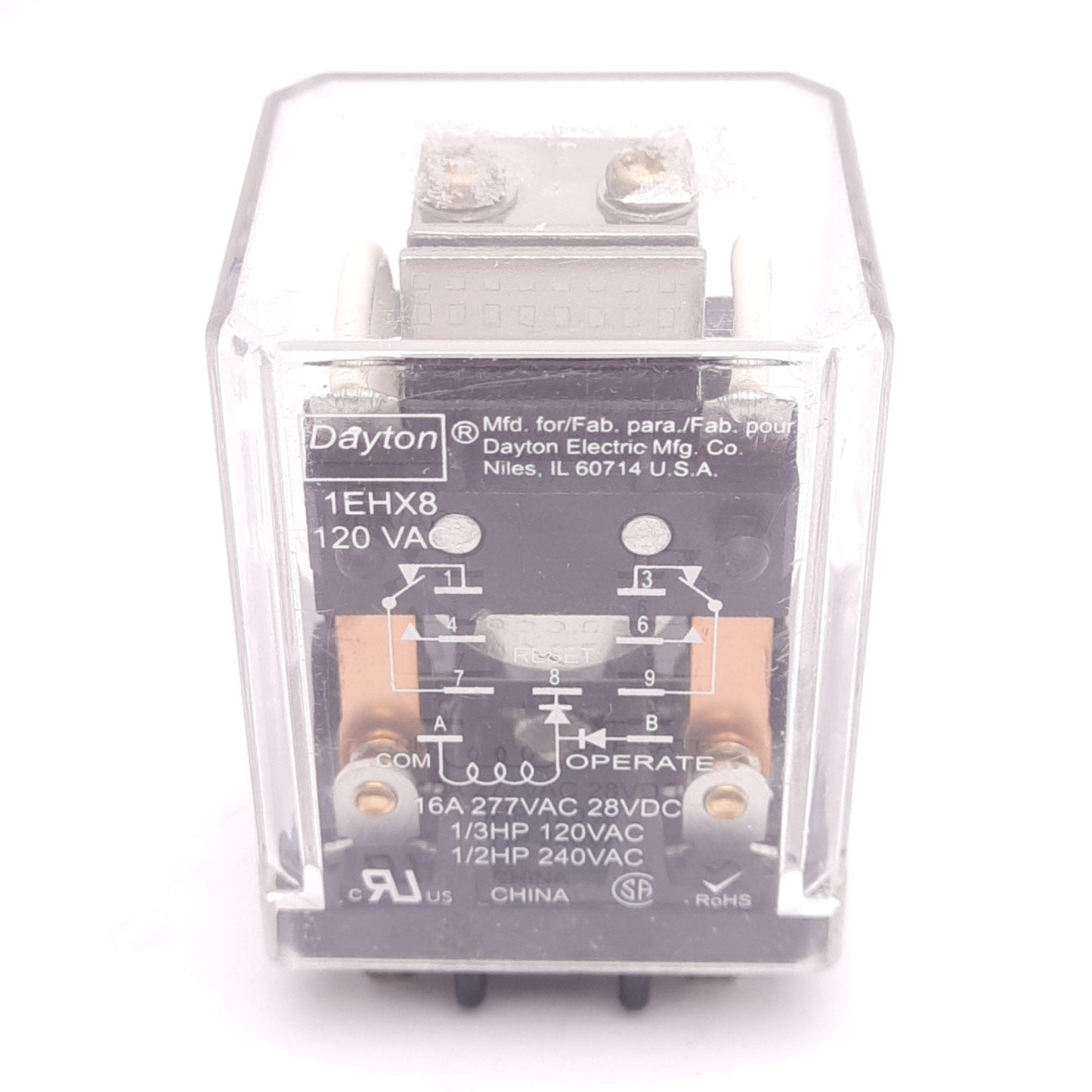 Used Dayton 1EHX8 120 VAC Ice-Cube Relay, DPDT, 9-Pin, 16A Max, 120VAC Coil