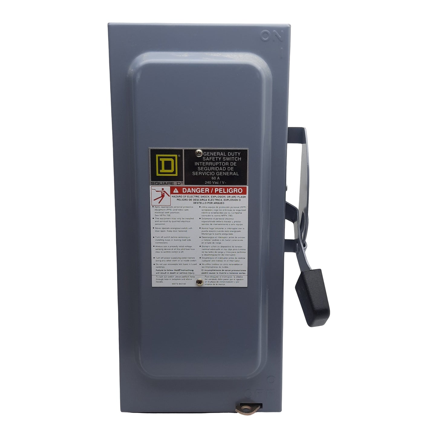 Used Square-D D222N General Duty Safety Switch, 2-Pole 3-Wire, 60A 240VAC, H/K/R Fuse